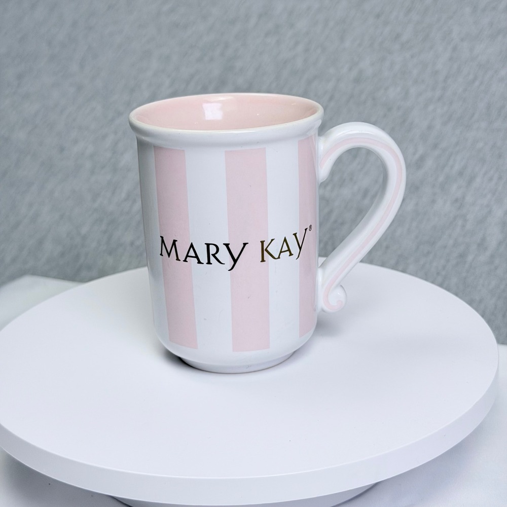 Mary Kay Pink and White Striped Ceramic Coffee Mug Gold Logo Collectible Cup